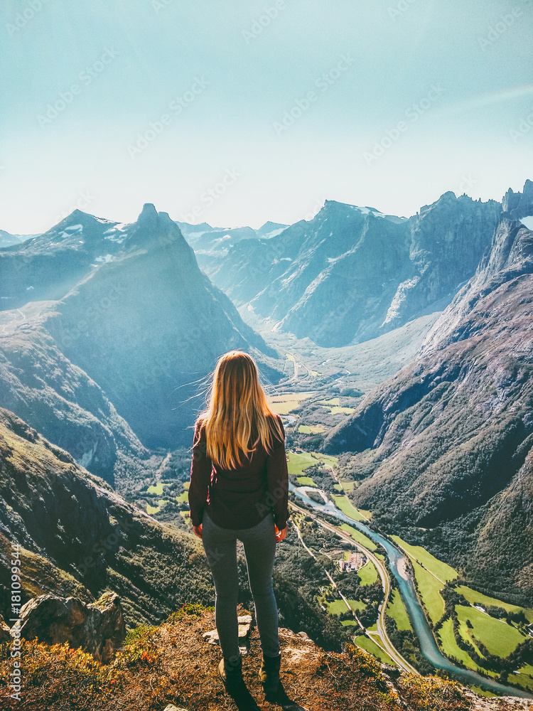Woman in Norway mountains Travel healthy lifestyle concept active weekend summer vacations tourist enjoying landscape aerial view