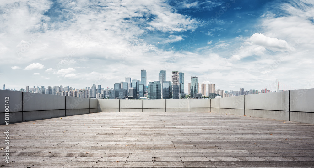 empty brick floor with modern cityscape empty brick floor with modern cityscape