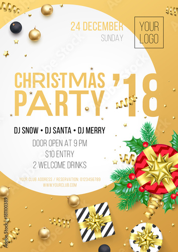 Christmas 2018 party invitation poster design template for December night celebration. Vector present gift and golden ribbon bow or ball on white background for New Year party