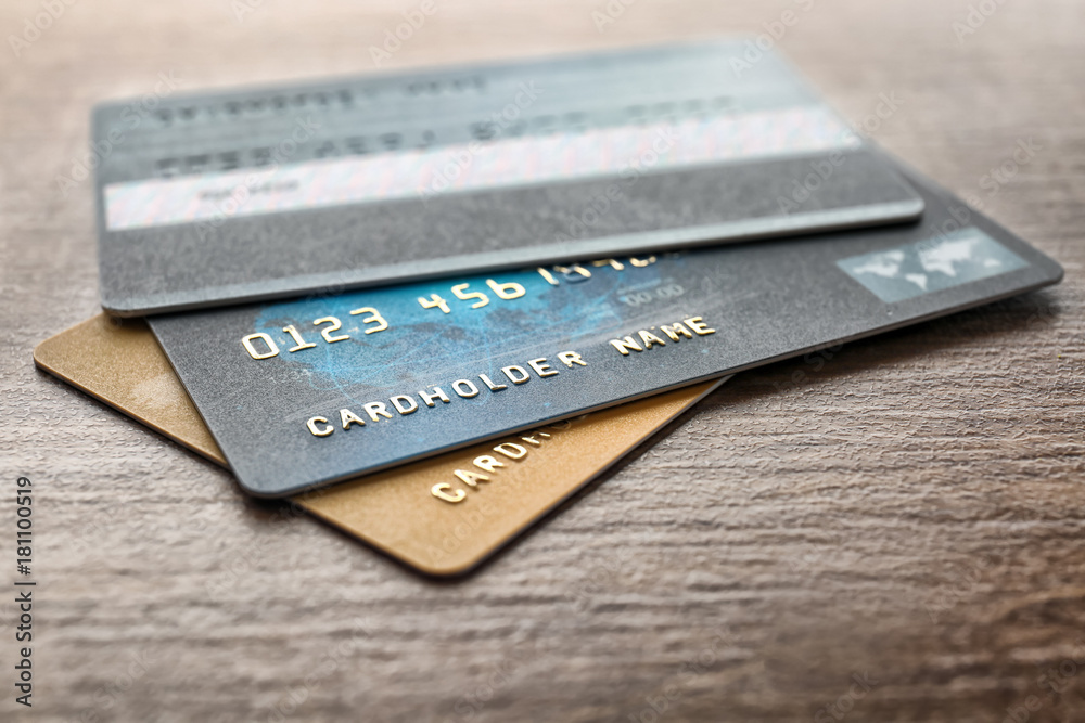 Different credit cards on table, closeup Different credit cards on table, closeup