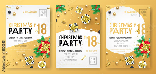 Christmas winter holiday party celebration poster or invitation card of golden decoration and gold gift present. Vector glittering confetti on white background for New Year party design template
