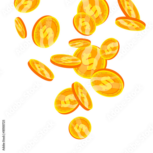 Dollar Coins Falling Down Vector. Flat, Cartoon Gold Coin Illustration. Finance Coin Design. Currency Isolated