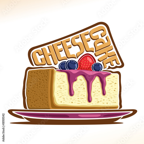 Vector logo for Cheesecake, illustration of italian confectionery for patisserie menu, poster with slice New York cheesecake on plate and original font for word cheesecake, cake with mascarpone cheese