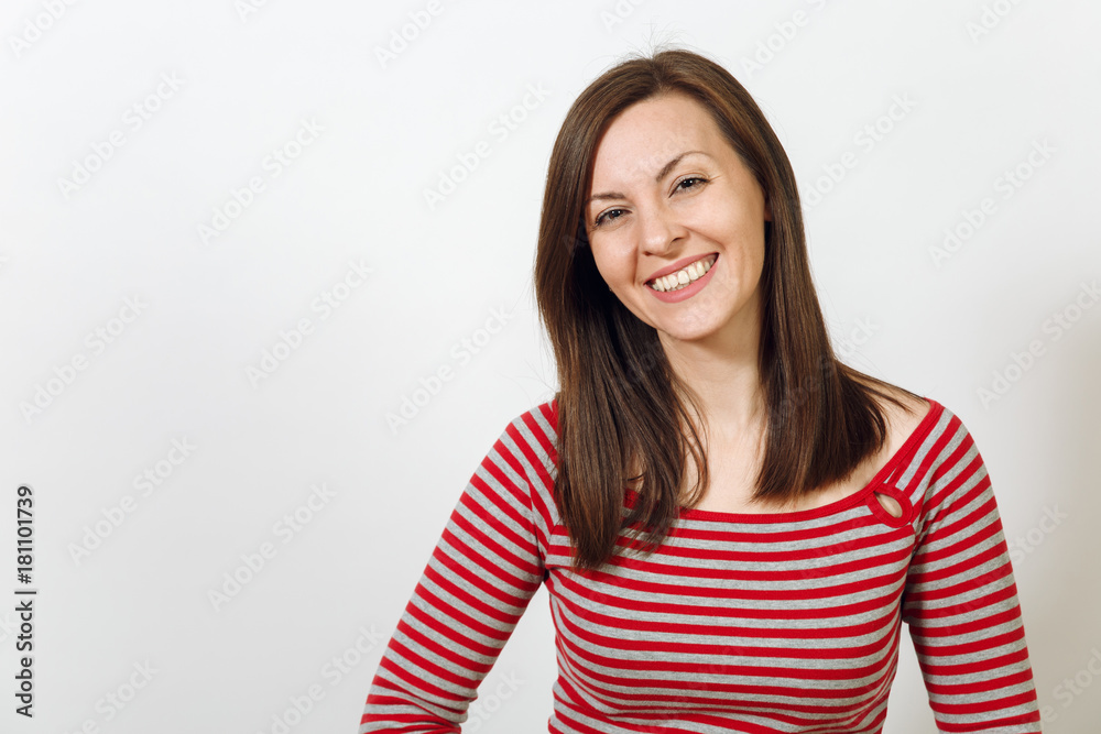 Gorgeous European young happy brown-haired woman with healthy clean skin and charming smile, dressed in casual red and grey clothes, laughing and enjoying on a white background. Emotions concept. Gorgeous European young happy brown-haired woman with healthy clean skin and charming smile, dressed in casual red and grey clothes, laughing and enjoying on a white background. Emotions concept.