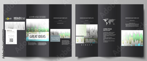 The black colored minimalistic vector illustration of the editable layout of two creative tri-fold brochure covers design templates. Rows of colored diagram with peaks of different height.