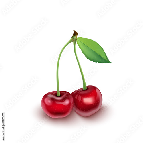 Ripe red cherry berries with leaves