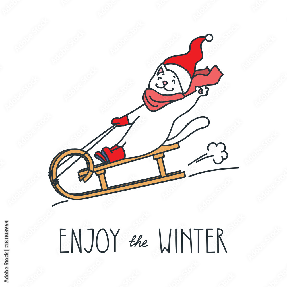Enjoy the winter. Doodle vector illustration of funny white cat enjoying a sleigh ride