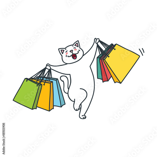 Happy cat shopping. Funny white cat is jumping with shopping bags. Doodle vector illustration isolated on white background