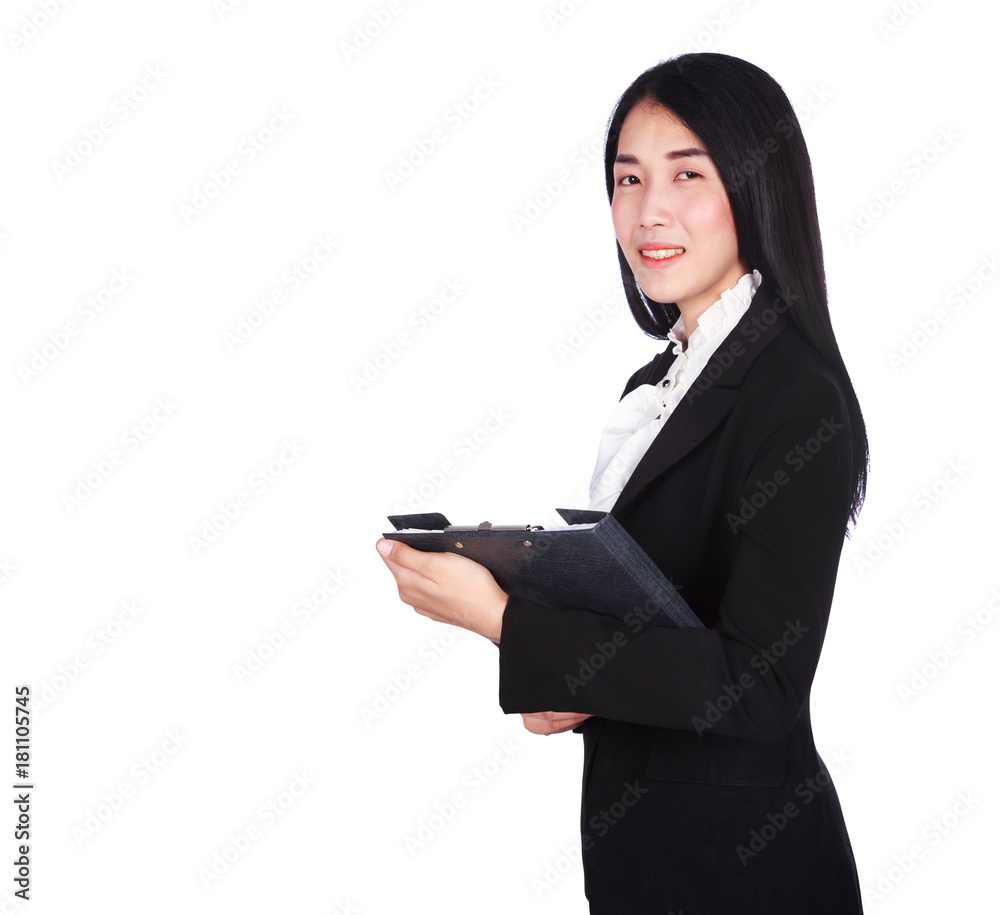 smiling business woman in suit holding a clipboard isolated on white background smiling business woman in suit holding a clipboard isolated on white background