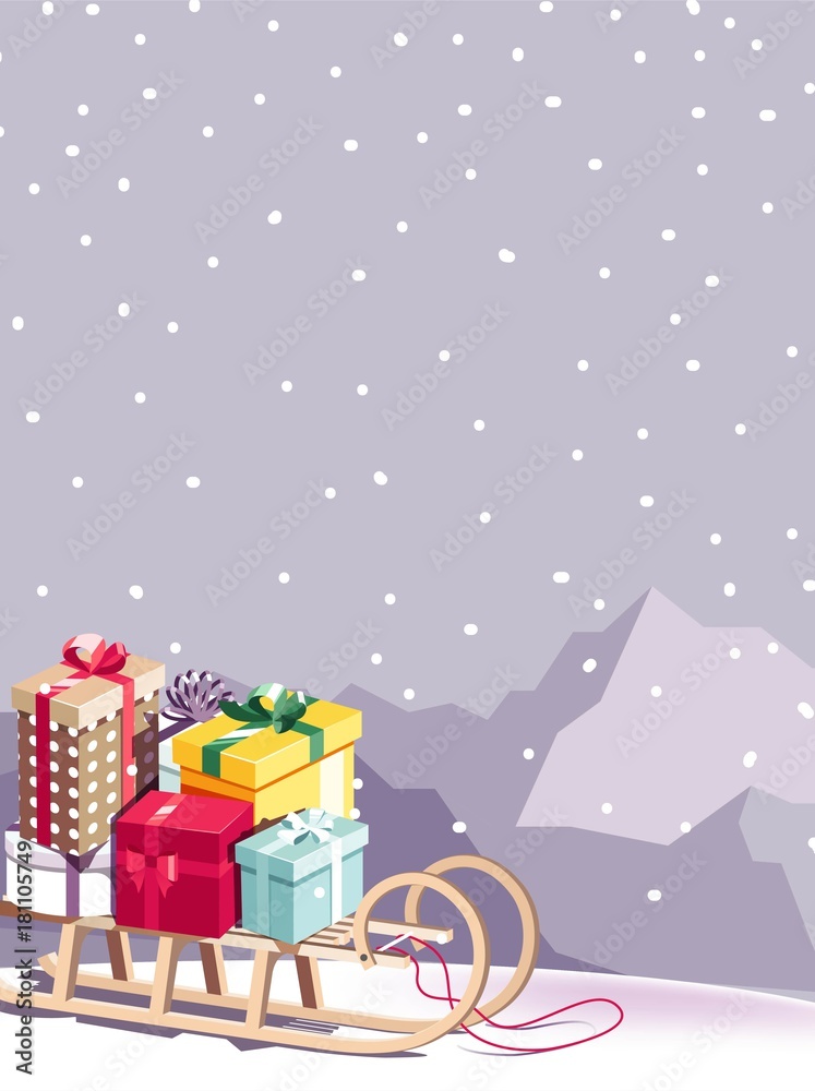 Merry Christmas and Happy New Year vector background with sled, gifts and mountains. Winter cartoon illustration