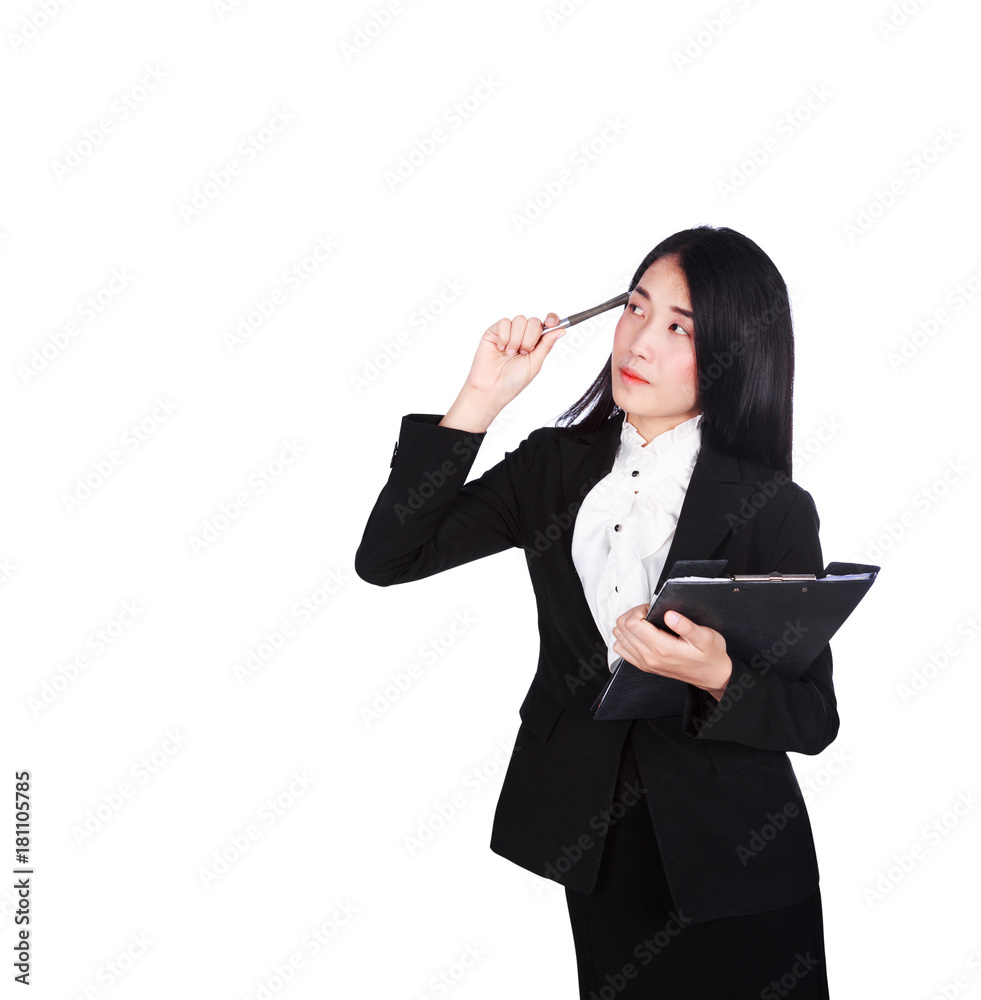 business woman thinking and holding a clipboard isolated on a white background business woman thinking and holding a clipboard isolated on a white background