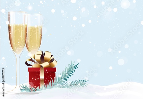 Two glasses of champagne and gift box on snowy background. Happy new year winter background. Vector illustration