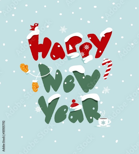 Merry Christmas and Happy New Year vector background with cute letters and holiday symbols. Winter cartoon illustration