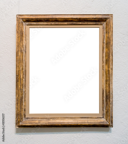 Vintage Wood Texture Picture Frame Art Gallery Museum White Clipping Path Isolated Template White Wall Natural Shadows. For paintings, mirrors and photos.