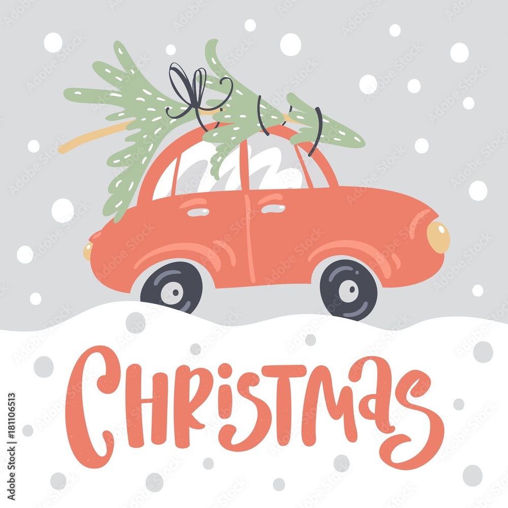 Merry christmas and happy new year greeting card template with cute retro car and christmas tree on the roof.