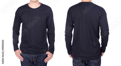 man in black long sleeve t-shirt isolated on white background