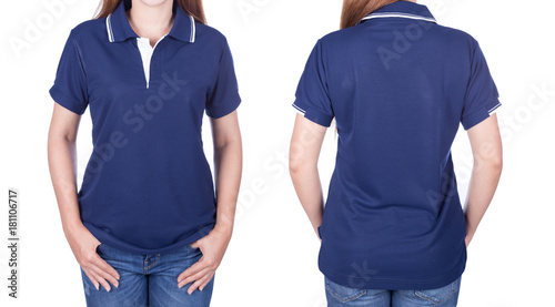 woman in blue polo shirt isolated on white background
