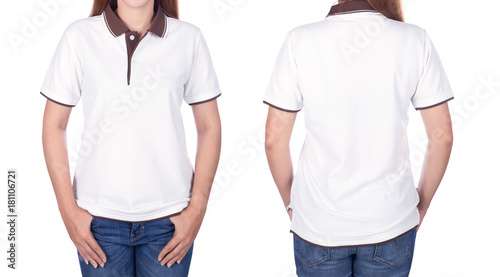 woman in white polo shirt isolated on white background