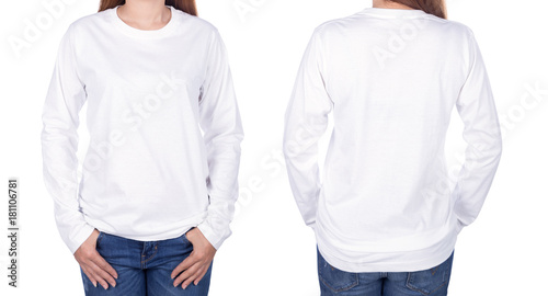 Schilderij op canvas woman in white long sleeve t-shirt isolated on white background