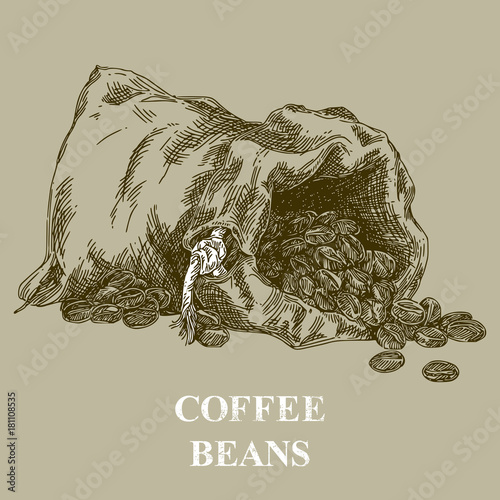 Open bag of coffee beans lying on its side. Vintage style. Engraving. Vector illustration.