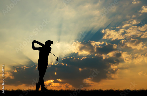silhouette golfer playing golf during beautiful sunset
