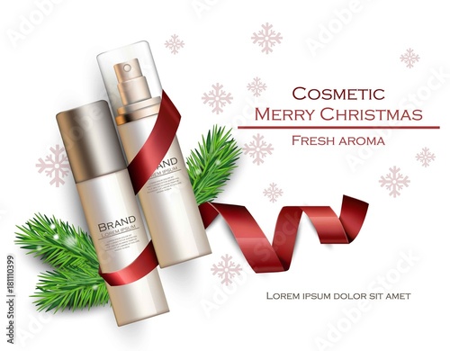 Christmas cosmetic packaging gifts realistic Vector. Holiday banner, festive templates
