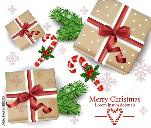 Winter Holiday gift boxes card Vector. Festive decor illustrations