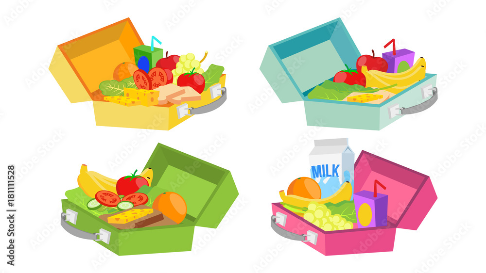 Lunch Boxes Set Vector. Various Ingredients. Healthy Food For Kids And Students.
