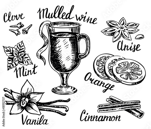 Vector ink hand drawn style mulled wine set
