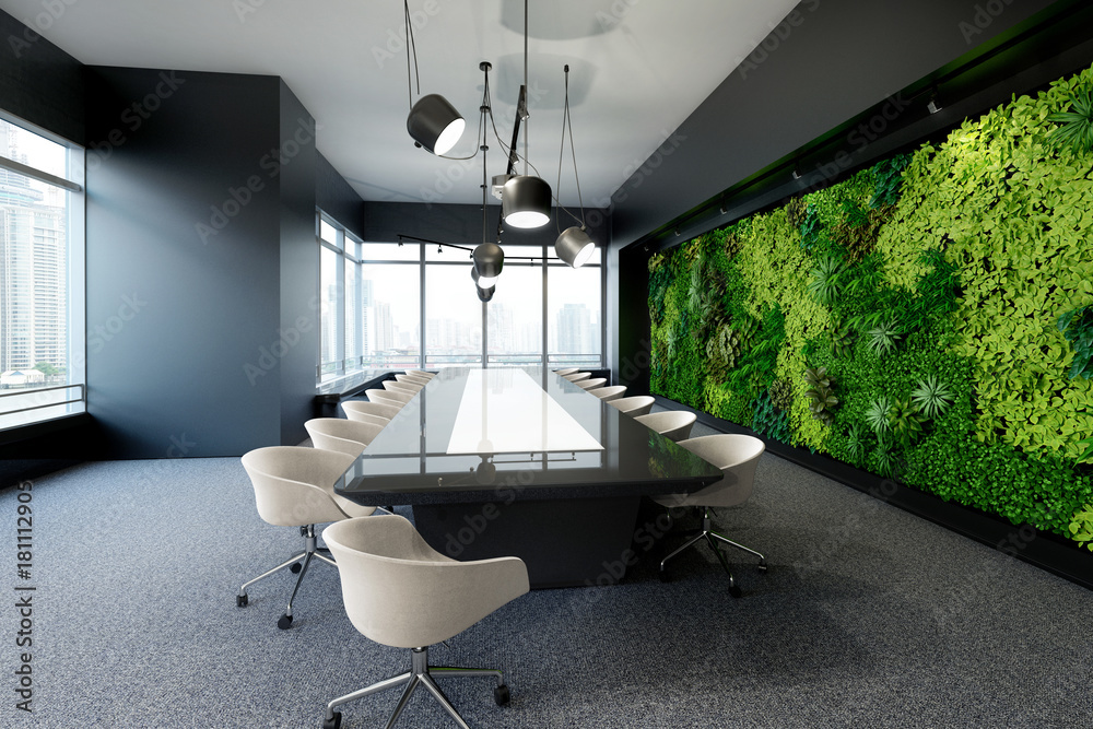 Vertical green wall in modern meeting room - obrazy, fototapety, plakaty 