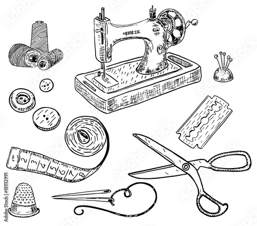 Vector ink hand drawn style sewing kit