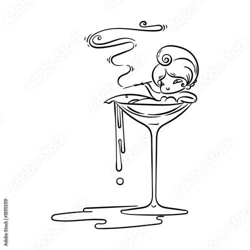 Beautiful cartoon girl in Martini glass with cigarette. Poison smoke