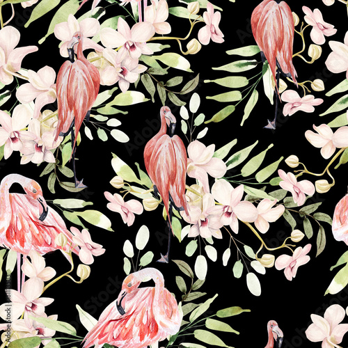 Bright colorful watercolor pattern with leaves, flowers and flamingo bird.