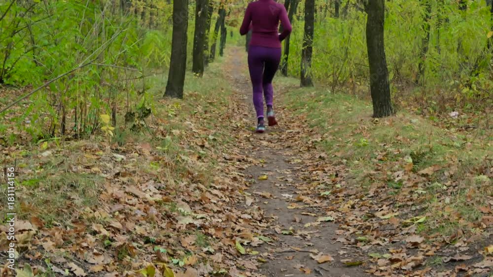 Running - woman runner jogging on autumn forest path. Fit female sport fitness model athlete trail running training. Runner girl in sportswear running in park exercising outdoors. Running - woman runner jogging on autumn forest path. Fit female sport fitness model athlete trail running training. Runner girl in sportswear running in park exercising outdoors.