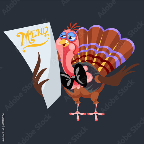 Cartoon thanksgiving turkey character holding menu, autumn holiday bird vector illustration happy greeting text on flyer or card on background