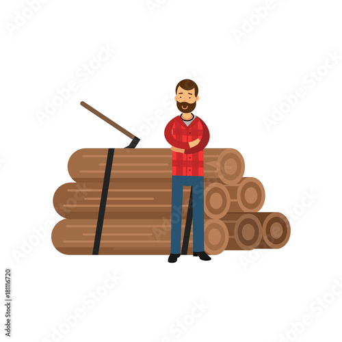 Cartoon bearded woodcutter in hipster plaid shirt standing near pile of logs with arms crossed. Flat vector illustration