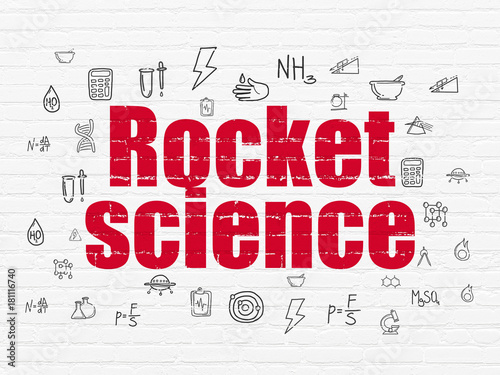 Science concept  Painted red text Rocket Science on White Brick wall background with  Hand Drawn Science Icons