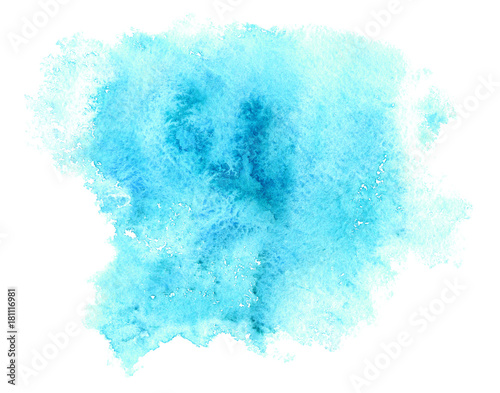 Blue watery illustration.Abstract watercolor hand drawn image.Azure splash.White background.