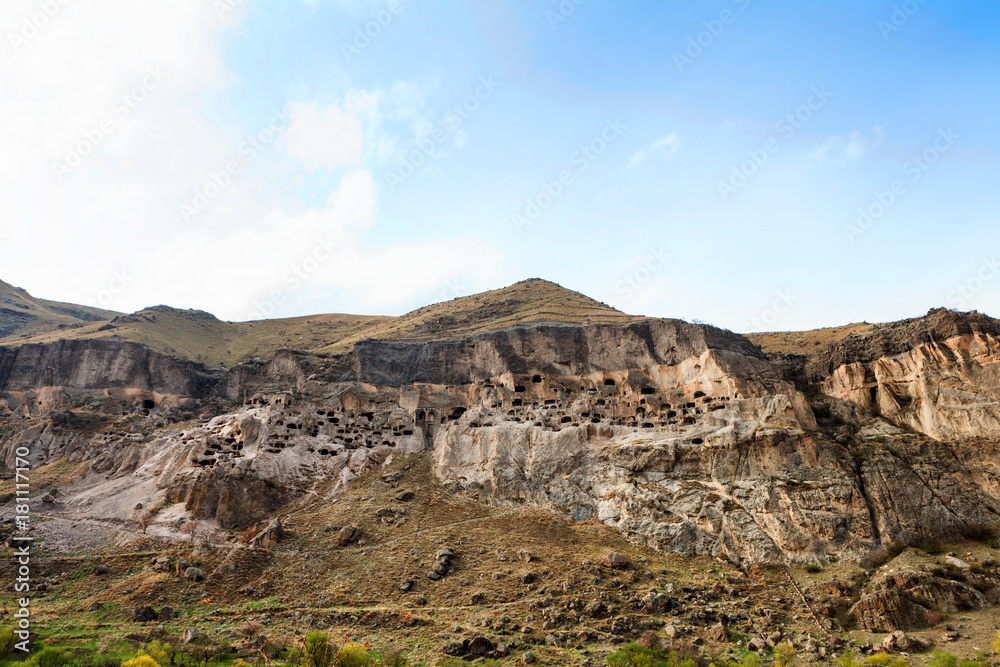 Panoramic view of Vardzia cave city-monastery in the Erusheti Mountain, Georgia