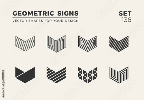 Set of eight minimalistic trendy shapes. Stylish vector logo emblems for Your design. Simple geometric signs collection.