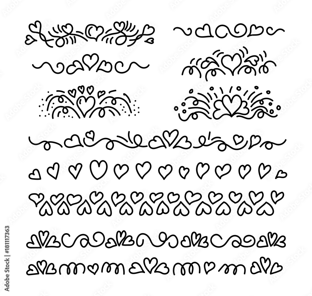 Lines and decorative elements made of handdrawn hearts with loops ans spirals. For brushes, valentine and wedding decorative elements, dividing lines, cards. Black and white vector illustration.