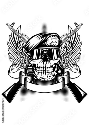 Skull in beret and two Kalashnikov guns
