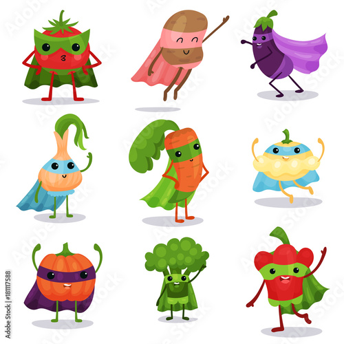 Cartoon flat characters set of superhero vegetables in capes and masks in different poses