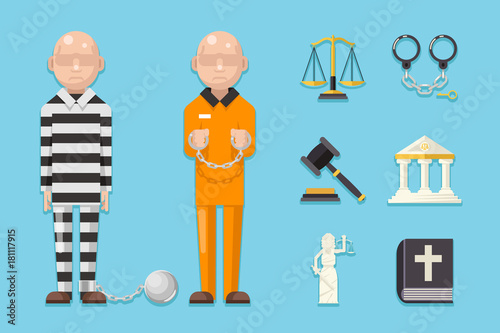 Prisoner law justice characters icons symbols set flat icon vector illustration