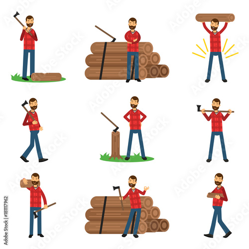 Flat woodcutter cartoon character set in different poses. Man dressed in hipster plaid shirt and blue jeans.