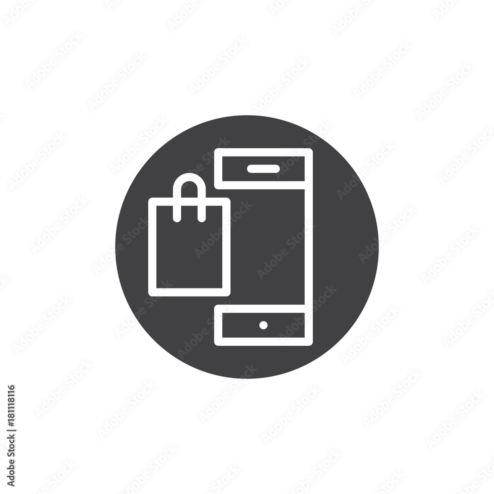 Mobile phone with shopping bag icon vector, filled flat sign, solid pictogram isolated on white. Online shopping symbol, logo illustration. Mobile phone with shopping bag icon vector, filled flat sign, solid pictogram isolated on white. Online shopping symbol, logo illustration.