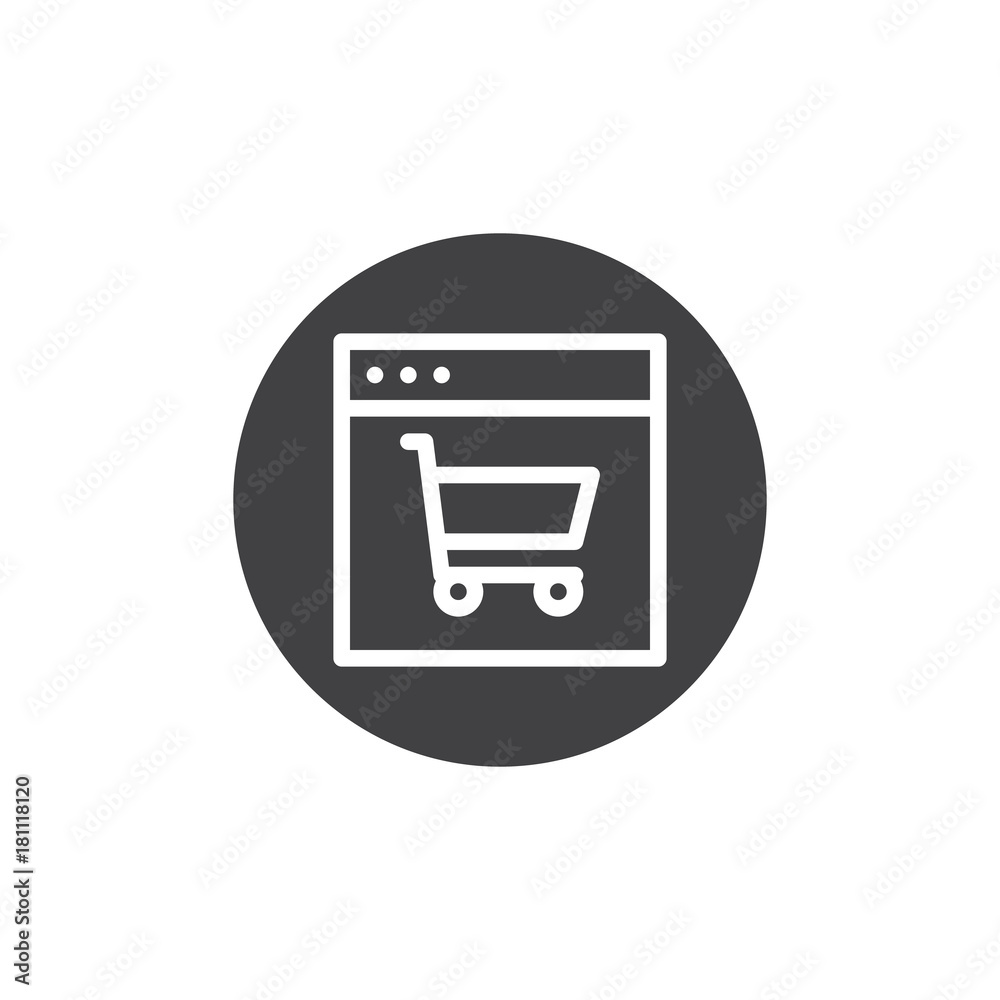 Web browser with shopping cart icon vector, filled flat sign, solid pictogram isolated on white. Online shop button symbol, logo illustration. Web browser with shopping cart icon vector, filled flat sign, solid pictogram isolated on white. Online shop button symbol, logo illustration.