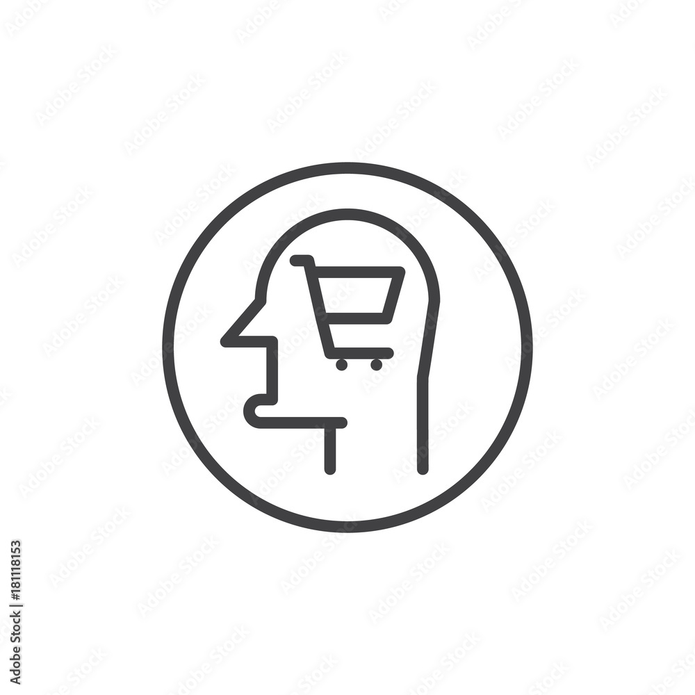 Human head with shopping cart line icon, outline vector sign, linear style pictogram isolated on white. Symbol, logo illustration. Editable stroke Human head with shopping cart line icon, outline vector sign, linear style pictogram isolated on white. Symbol, logo illustration. Editable stroke
