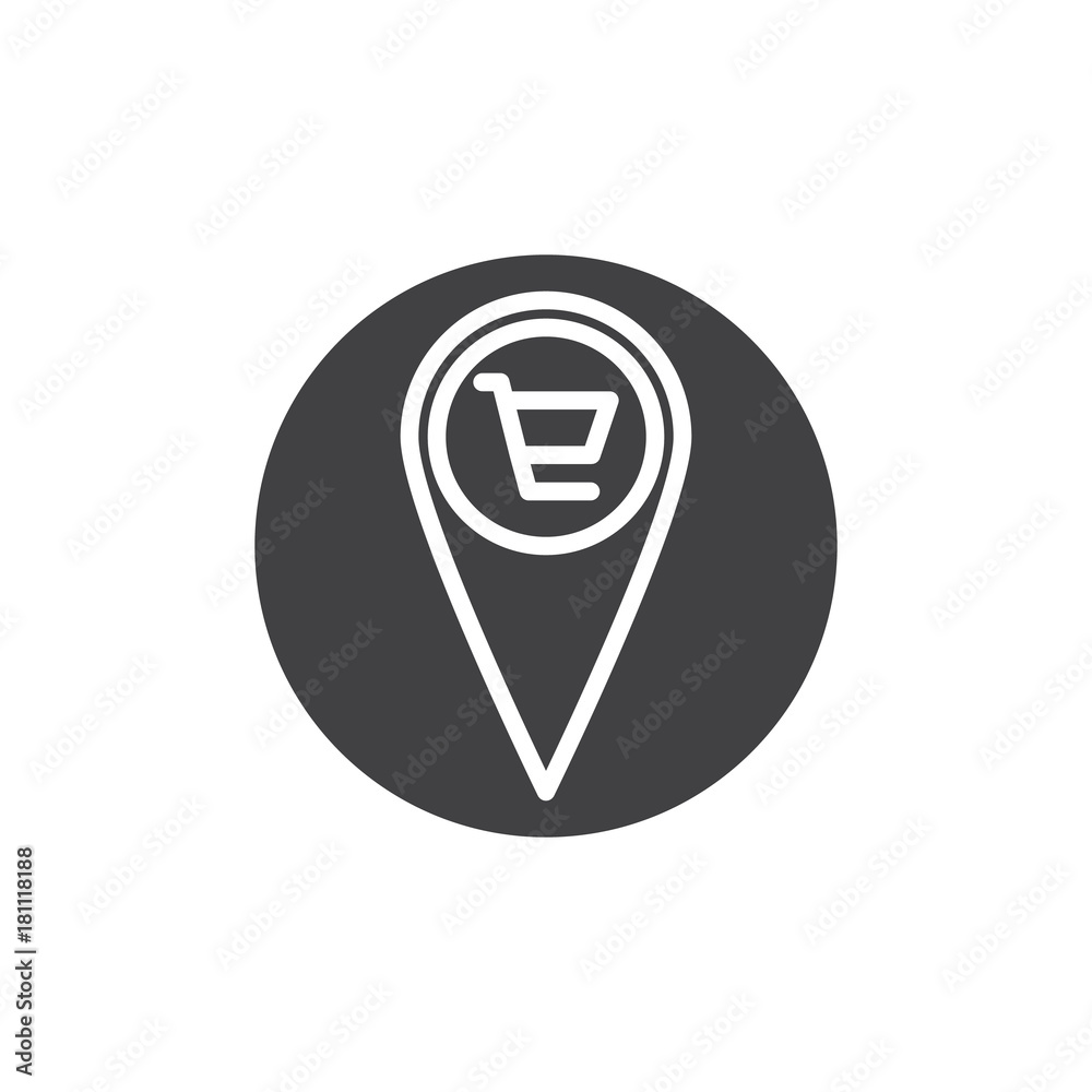 Shopping cart location pin icon vector, filled flat sign, solid pictogram isolated on white. Map marker with trolley symbol, logo illustration. Shopping cart location pin icon vector, filled flat sign, solid pictogram isolated on white. Map marker with trolley symbol, logo illustration.