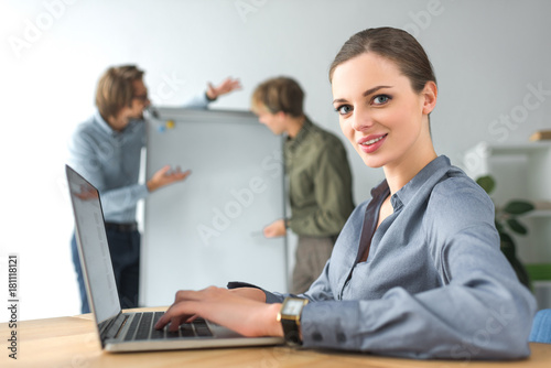 businesswoman working at laptop